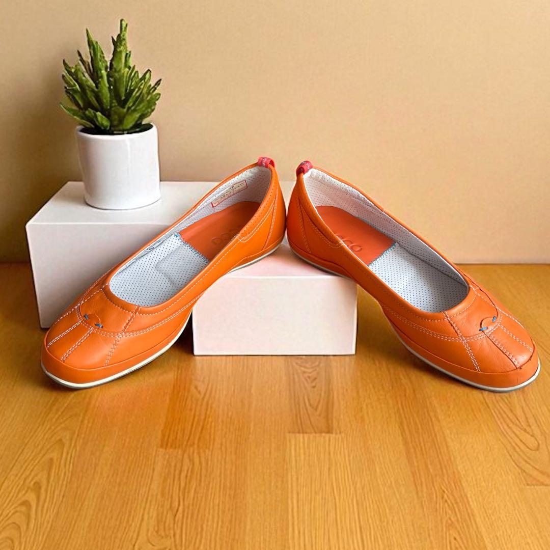 希少 美品 ecco レザー フラット コンフォート シューズ オレンジ 35