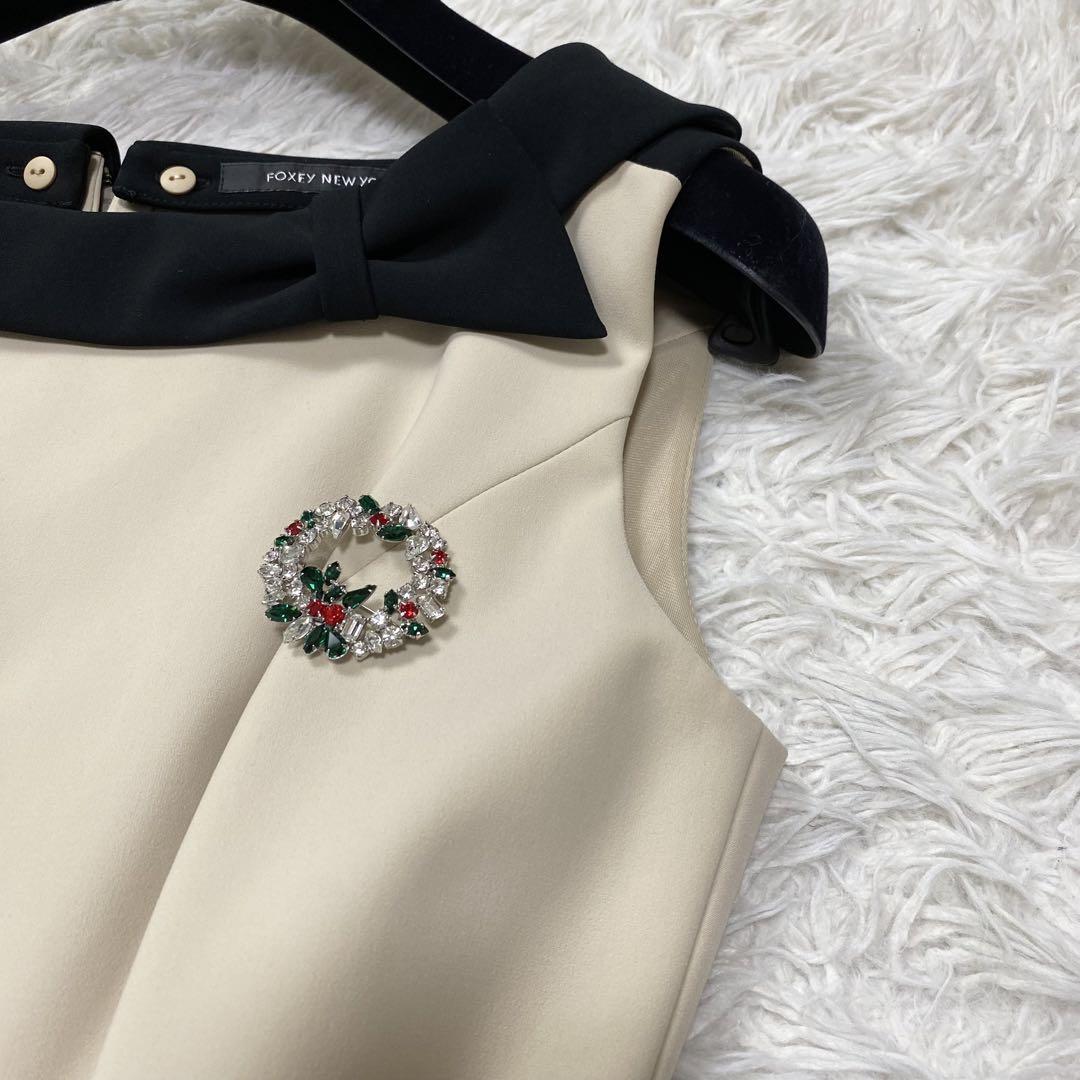 極美品✨FOXEYNEWYORK リボン ひざ丈フレアワンピース バイカラー40