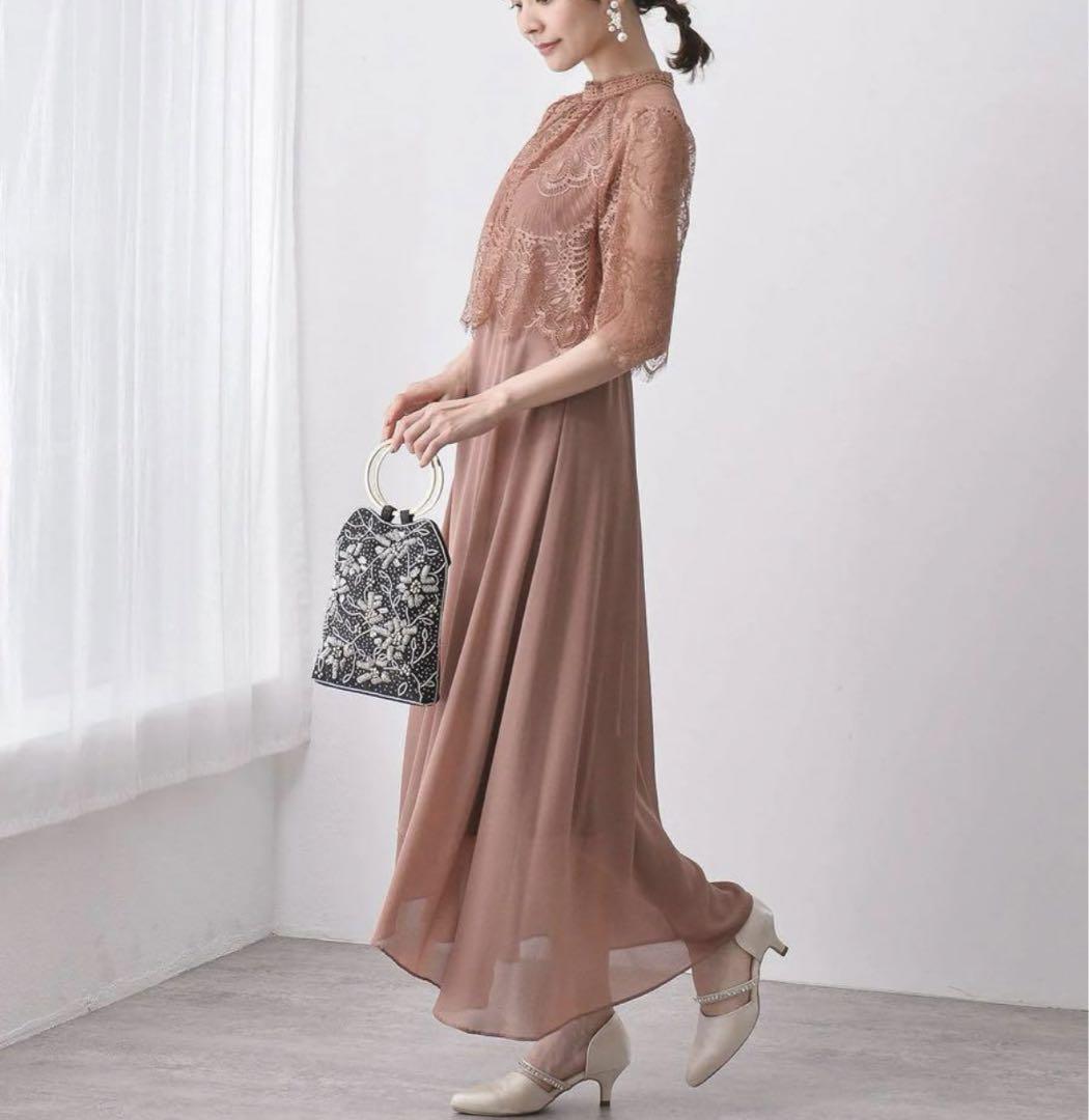 【新品】結婚式 ドレス お呼ばれ プチハイネックフレアレース L