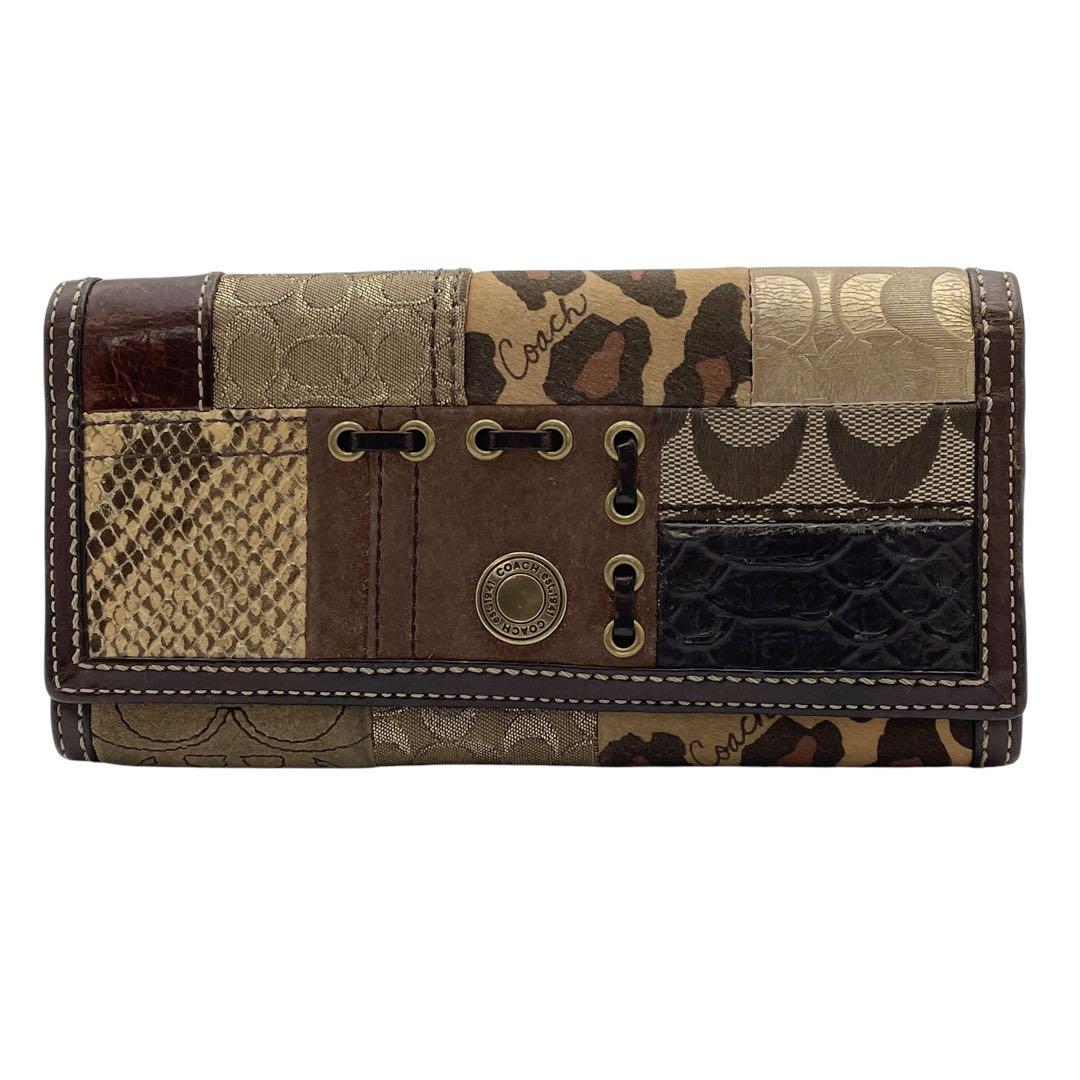 COACH コーチキャンバス レザー パッチワーク フラップ 長財布