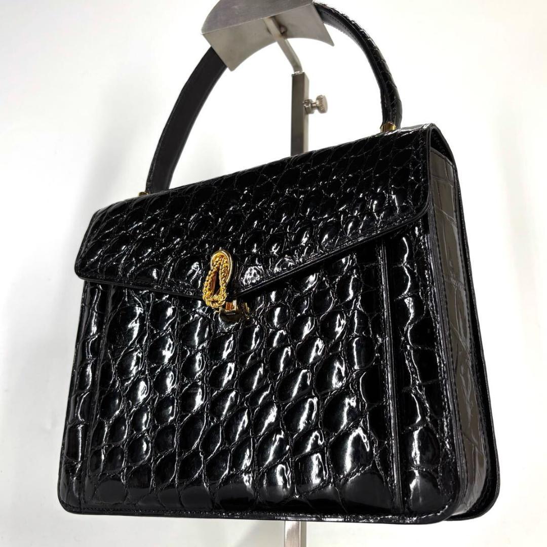 美品 クロコダイル ハンドバッグ シャイニング 黒 フォーマル