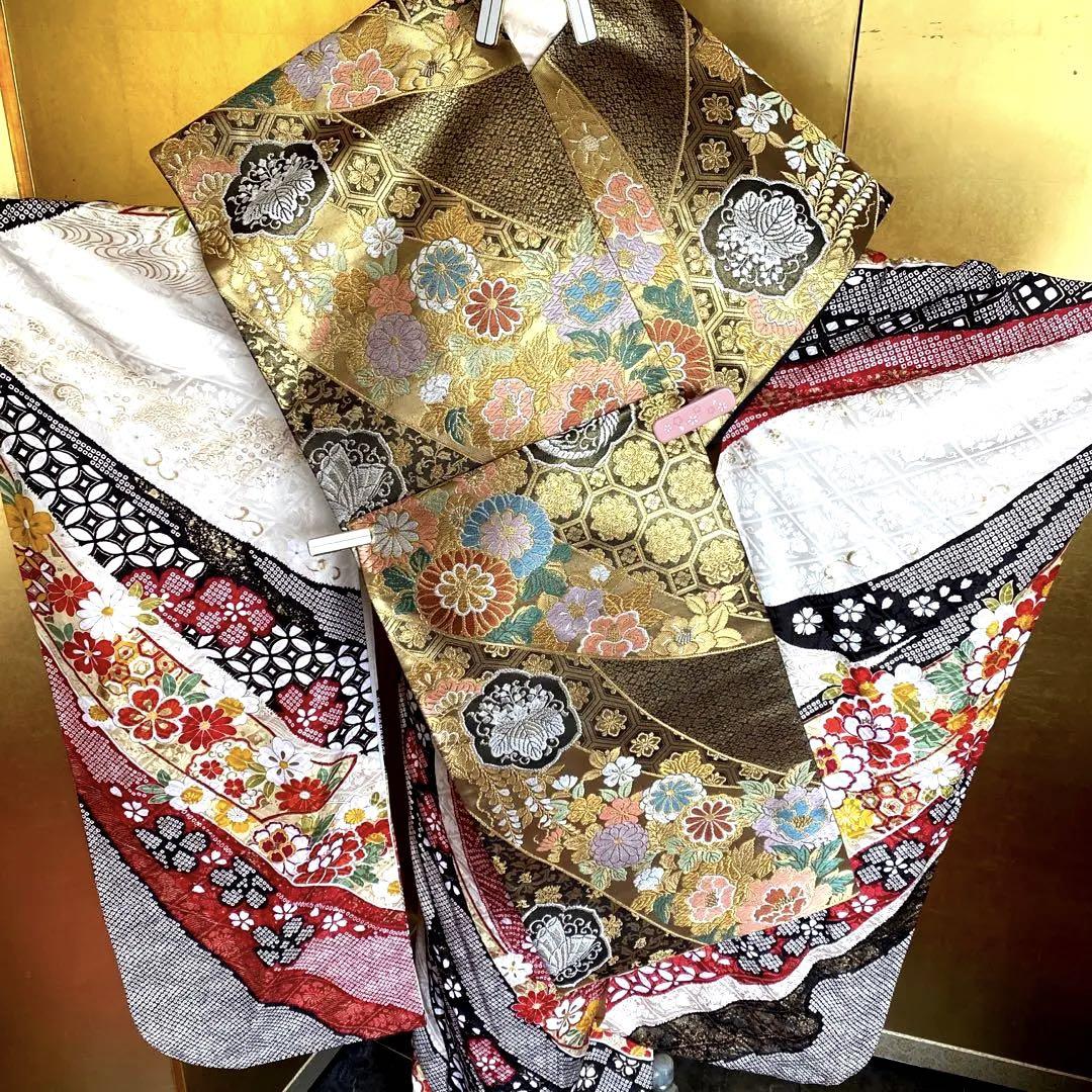 ◆ 極上の正絹振袖金刺繍、京都きもの友禅扱い、煌びやか本金箔、束ね熨斗吉祥花紋 画像8