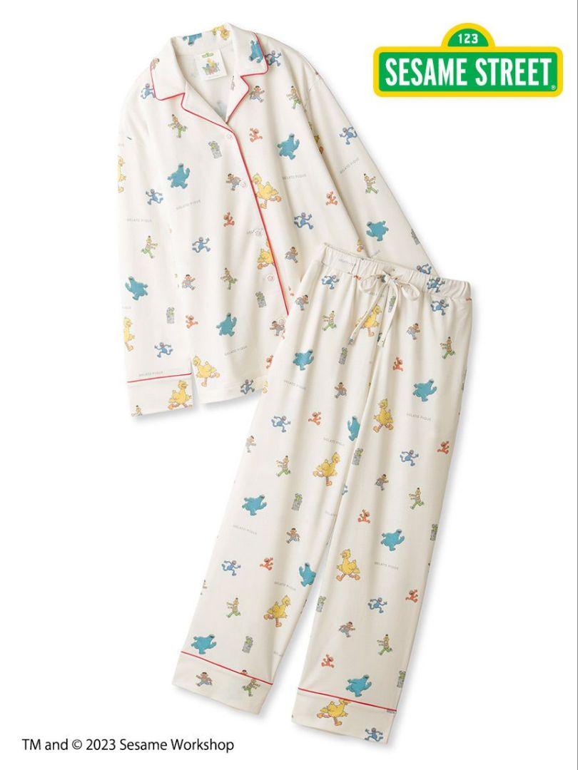 新品 ジェラートピケ セサミストリート 総柄シャツ&ロングパンツセット
