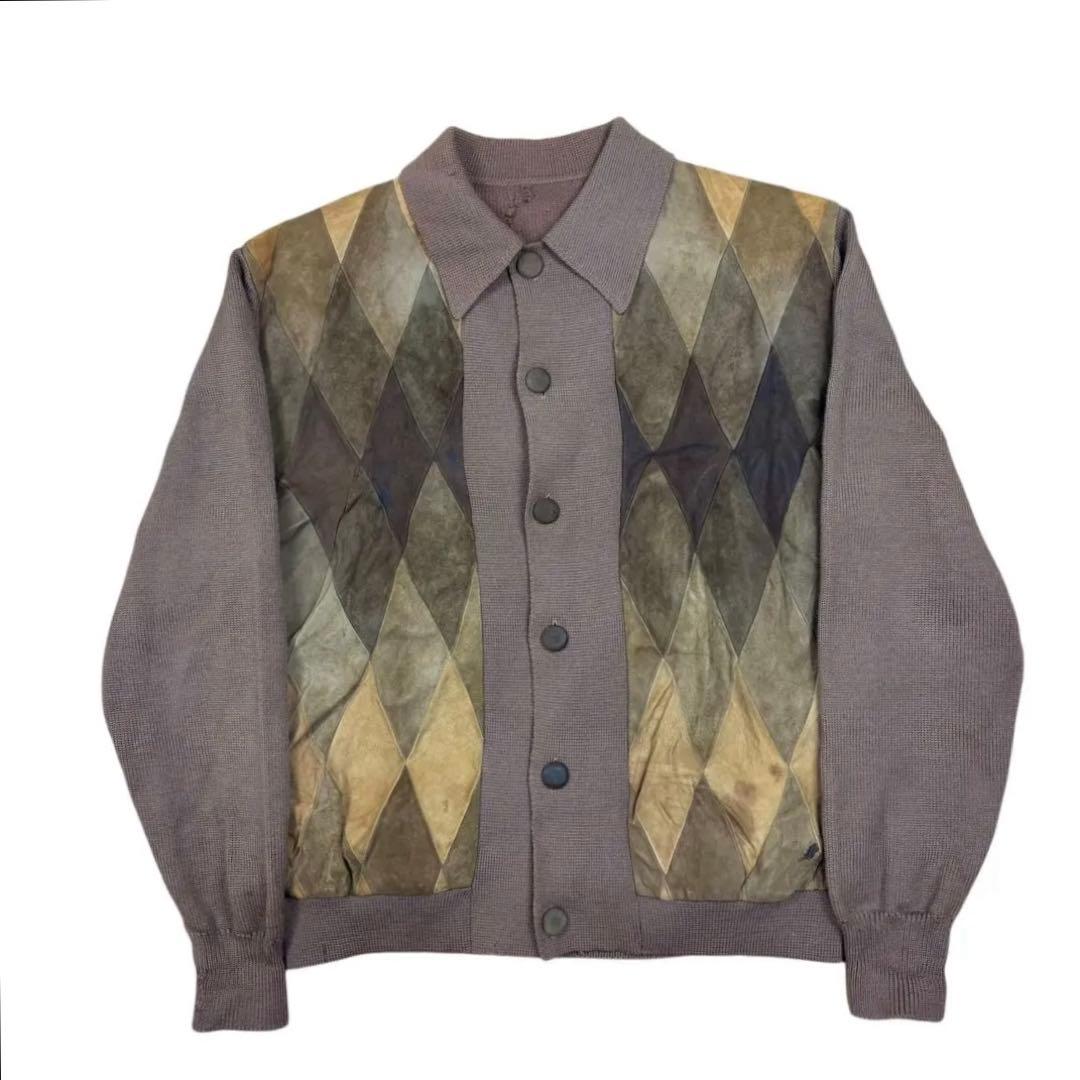 vintage アーガイル柄 スエード レザー カーディガン 切り替え