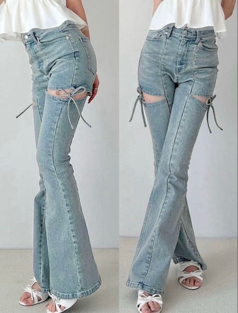 RESEXXY カットアウトリボンデニムパンツ アイスブルー xs