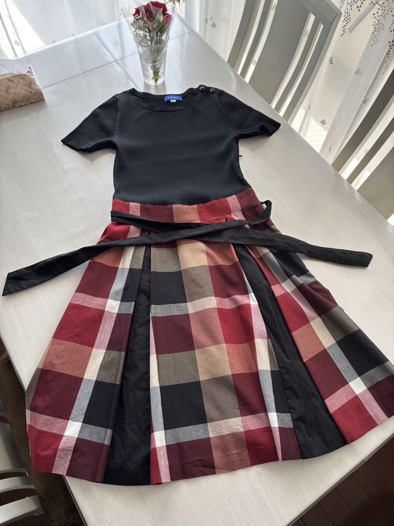 Blue Label 黒リブ編みトップス赤チェックワンピース