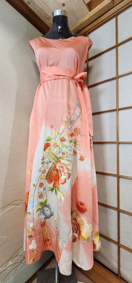 振袖着物リメイクワンピース正絹ウエストリボン付き着丈126センチ身幅60センチ