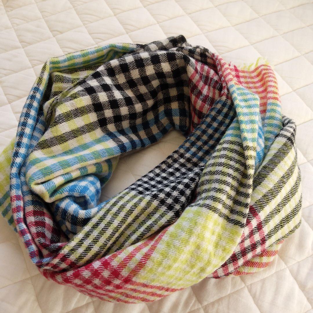 【美品】HOUSE COAT＊ウールショール マフラー＊マルチカラー＊通販生活