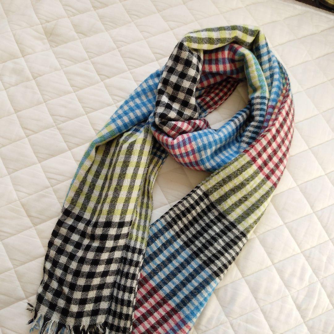 【美品】HOUSE COAT＊ウールショール マフラー＊マルチカラー＊通販生活