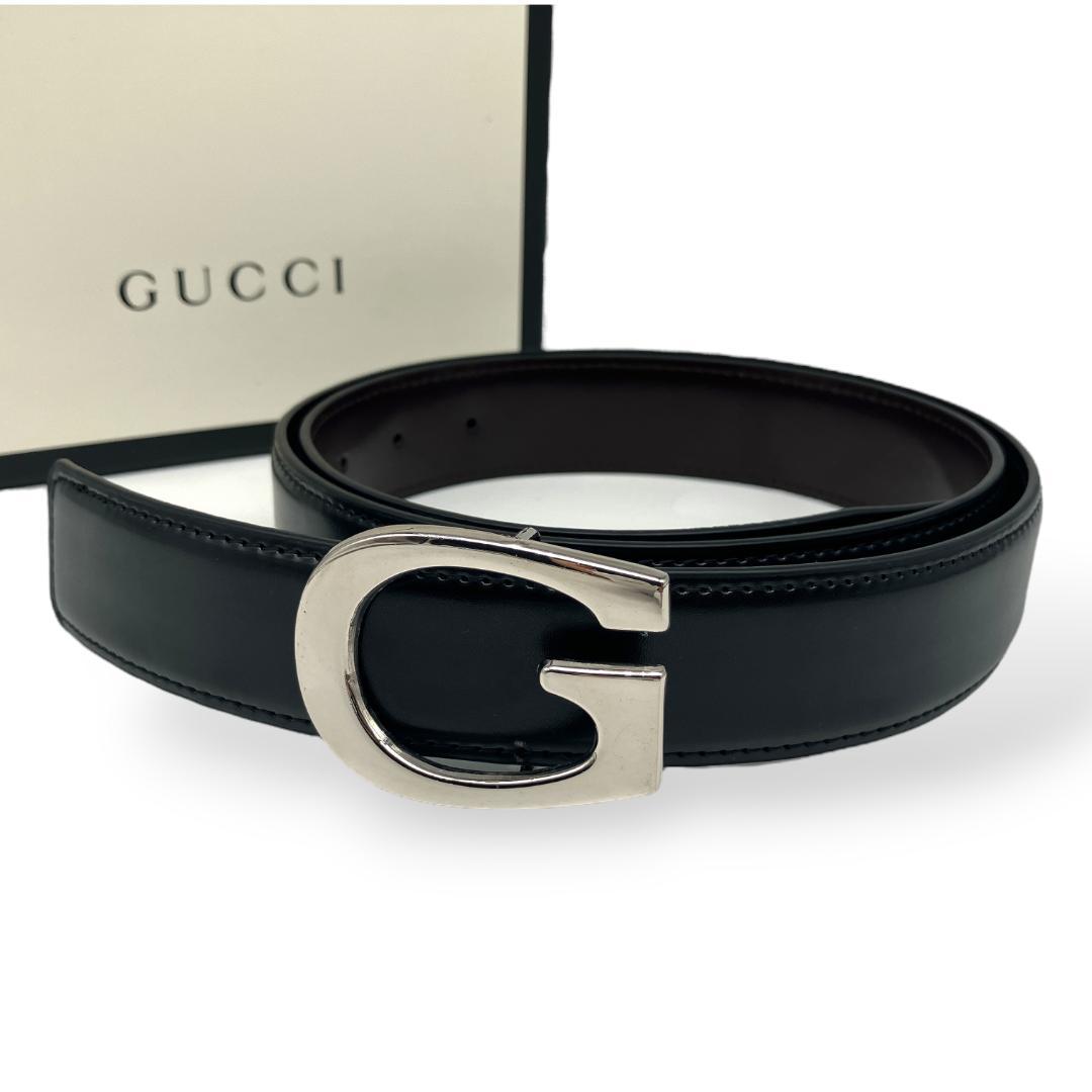 【美品】GUCCI グッチ Gバックル ベルト付き シルバー ブラック 美品】GUCCI グッチ Gバックル ベルト付き シルバー ブラック