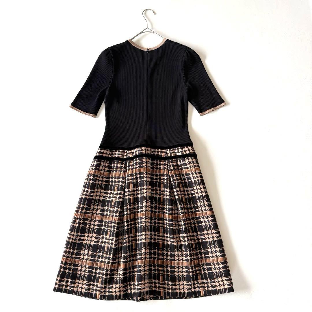 ■ M‘S GRACY薄手切り替えリブニットワンピースチェック柄黒38 □ M'S GRACY薄手切り替えリブニットワンピースチェック柄黒38