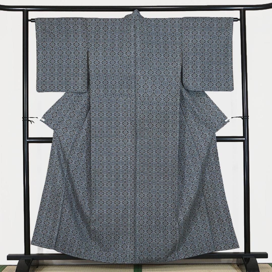 躾糸付未使用　正絹染小紋　グレー　カジュアル　155cm　l963