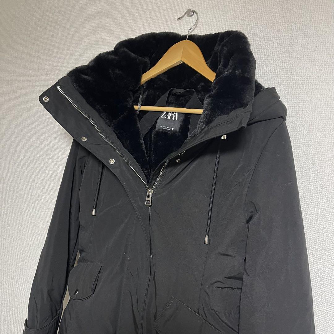 まめZARA ザラ レディース モッズコート 黒 フード L ミドル丈