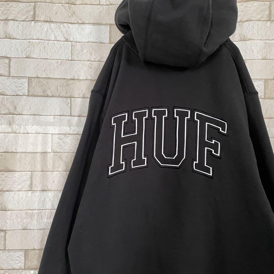 HUF ハフ ジップパーカー 刺繍 バックロゴ 裏起毛 ブラック XL
