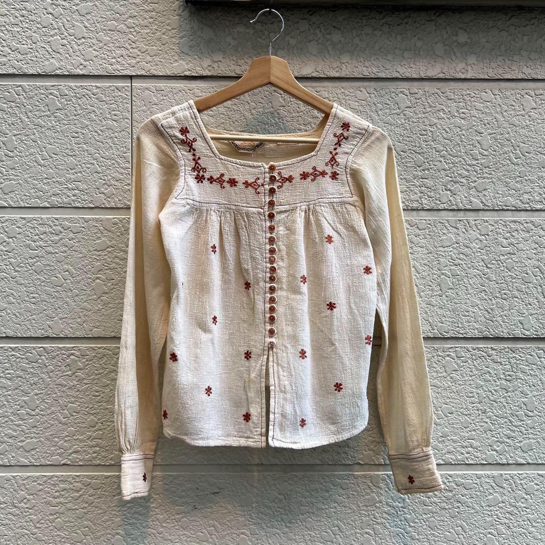 70s USA古着 長袖ブラウス インドコットン ガーゼ 刺繍 vintage