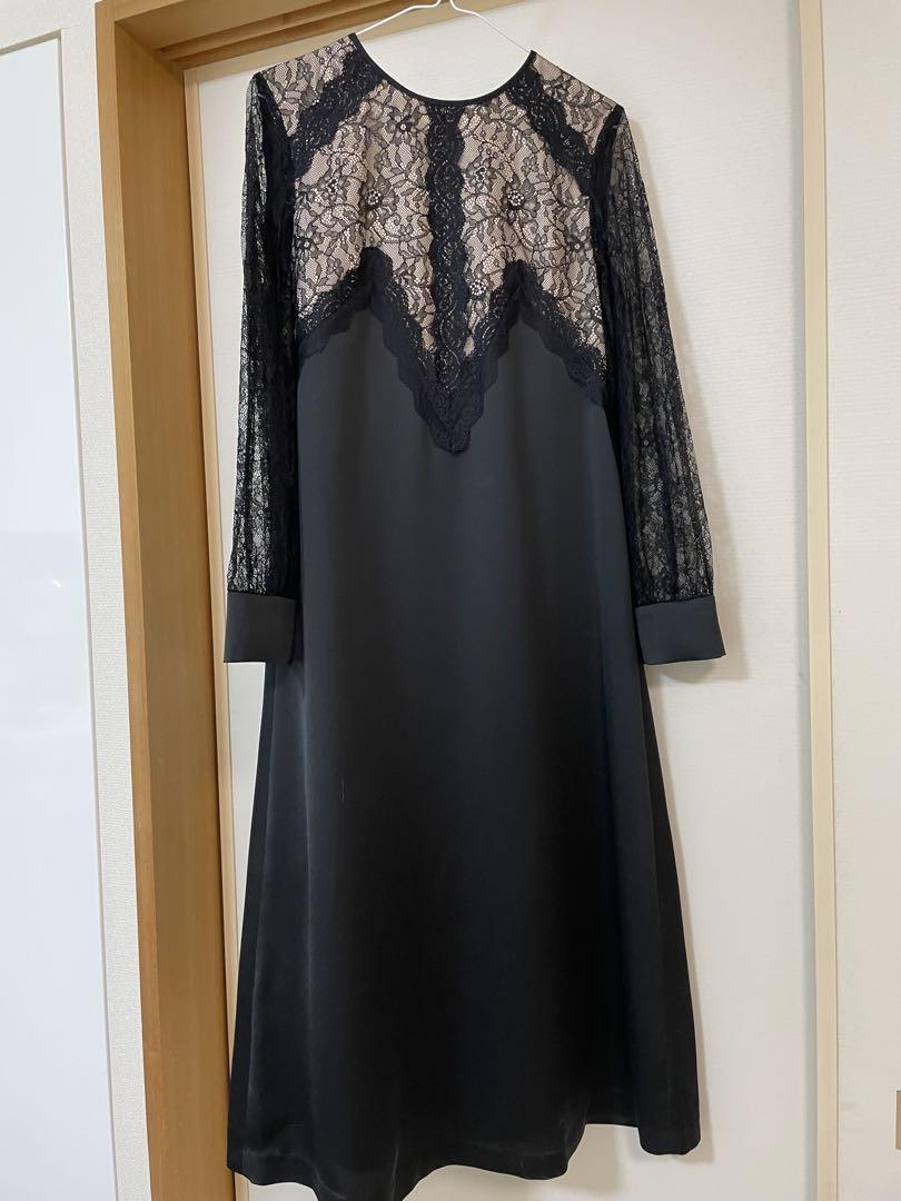 ブラックレース長袖ロングワンピース LL