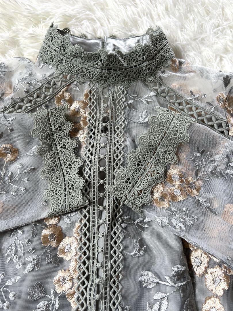 【新品未使用】ルイルエブティック　フラワー刺繍レースワンピース　グリーン　S