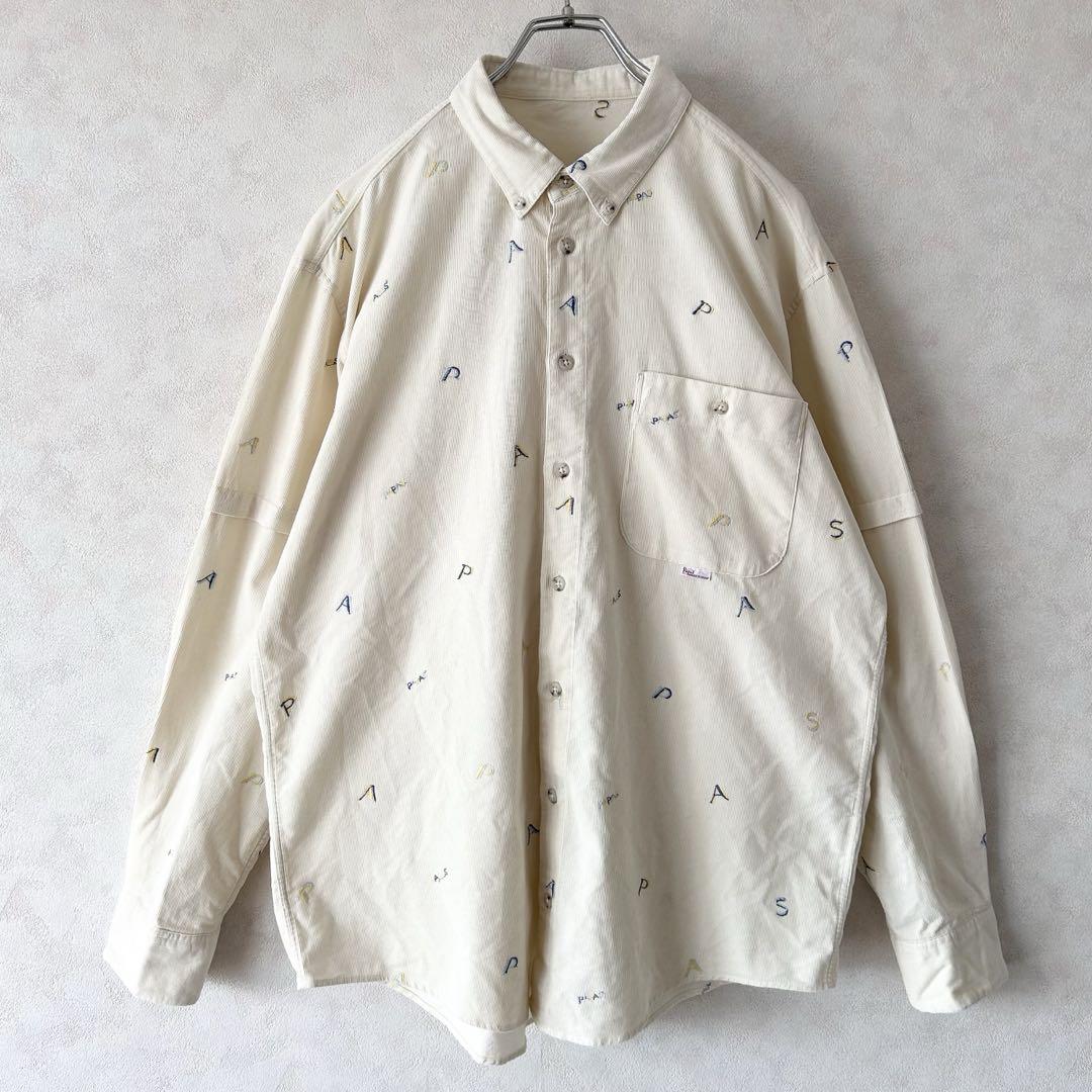 美品 Papas パパス コーデュロイ 刺繍ロゴ 総柄 BD 長袖シャツ