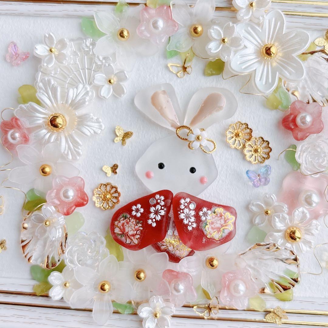 7-54「ママだぁ〜いすき♡」シーグラスアート うさぎ 雑貨 ガラス インテリア シーグラスアート うさぎ いちご 春 雑貨 インテリア 可愛い