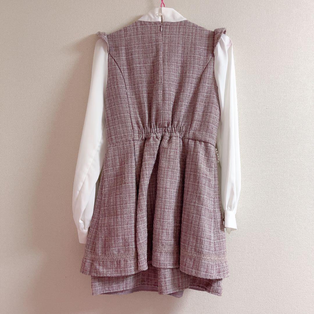Ank Rouge ラメツイードラッフルコンビネゾン ピンク