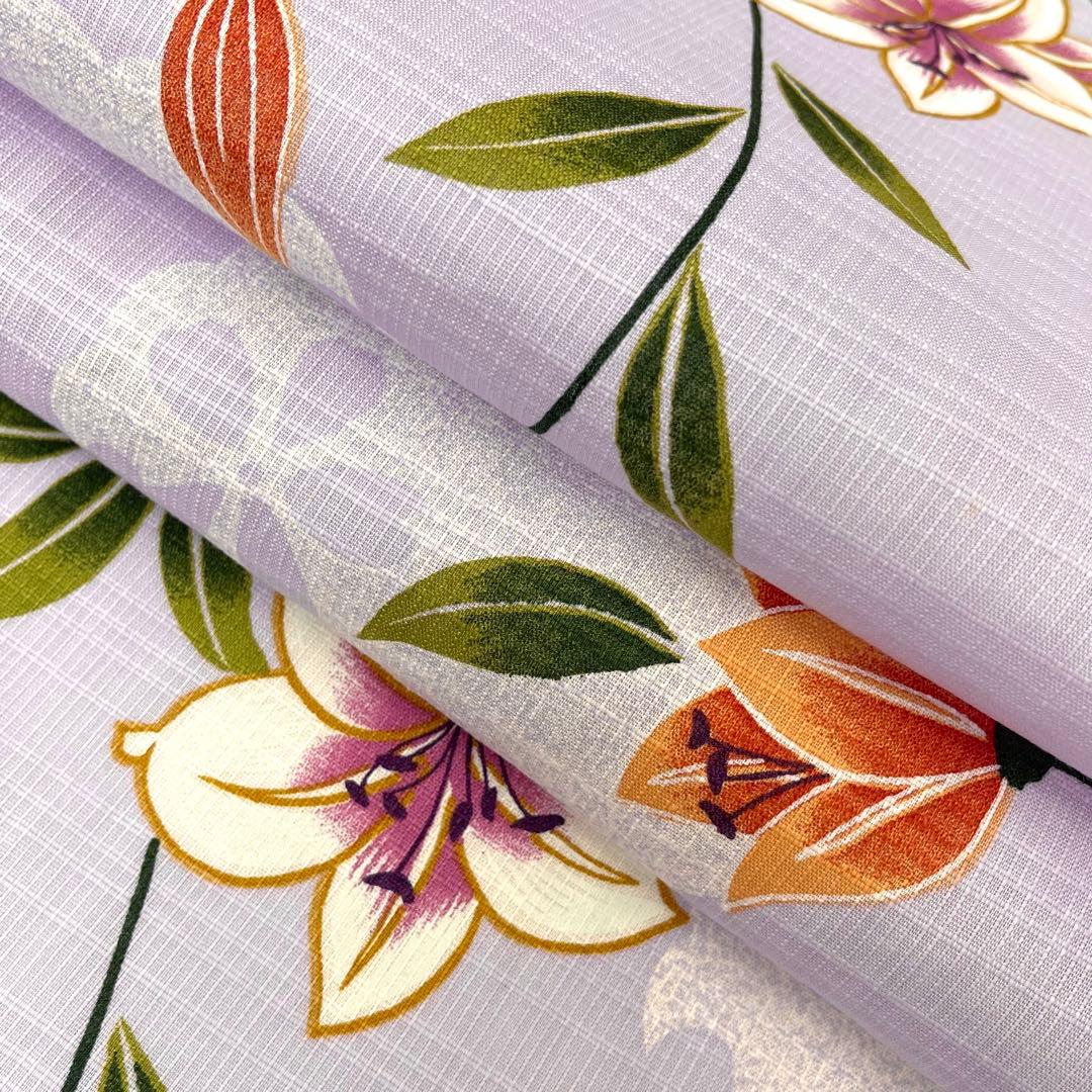 【着物と帯 時流】Y25723t◆浴衣◆綿紅梅 未使用品 百合 藤色 綿100%