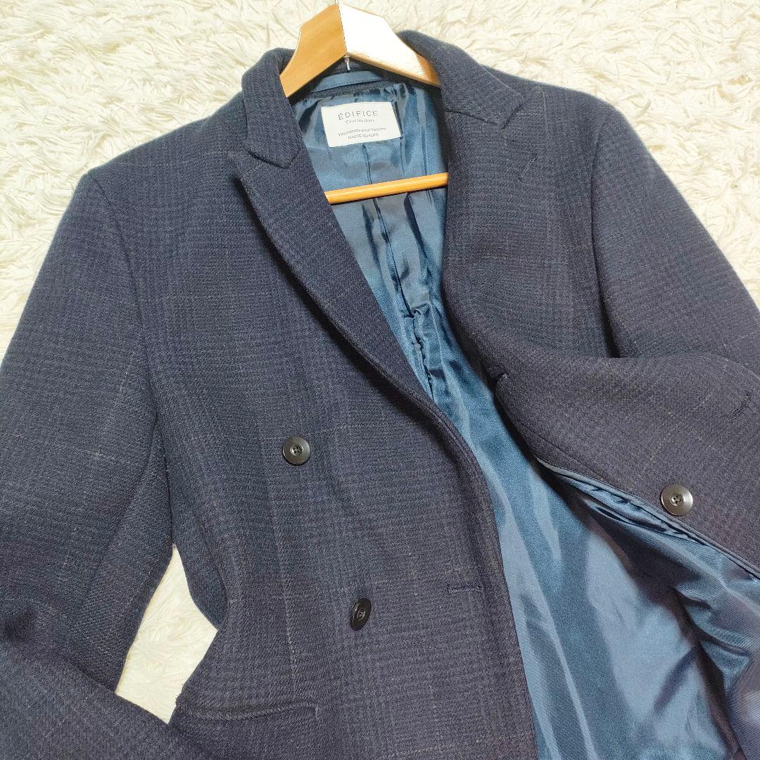 エディフィス ダブルチェスターコート ウール 紺 チェック メンズ 46 エディフィス ダブルチェスターコート ウール 紺 チェック メンズ 46
