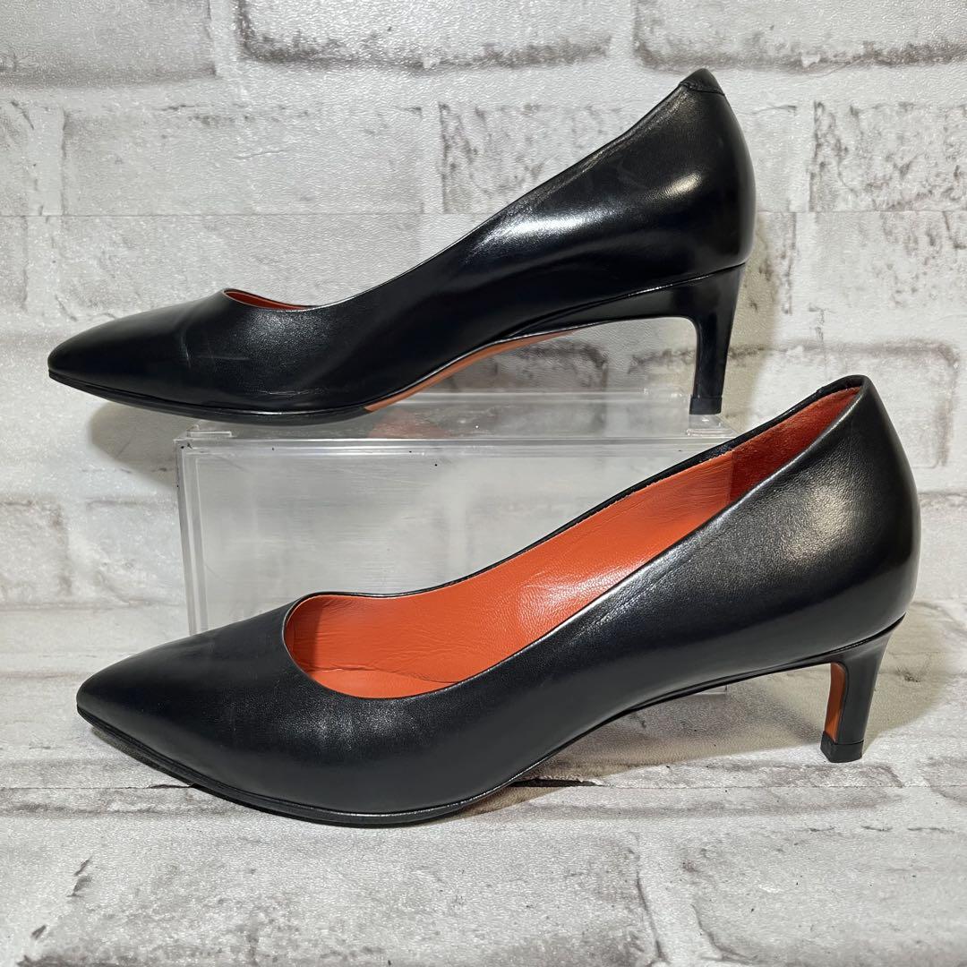 Santoni サントーニ　ポインテッドトゥ　ヒール　エナメル　パンプス 美品】サントーニ ポインテッドトゥ レザーパンプス 黒 35.5