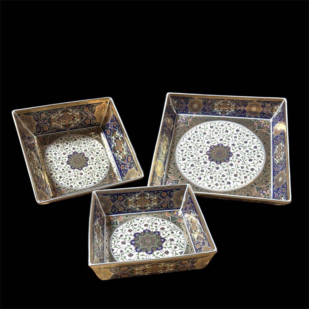 【美品】前畑陶器 庫山窯 金欄更紗 角盛皿 昭和期 金彩 美濃焼
