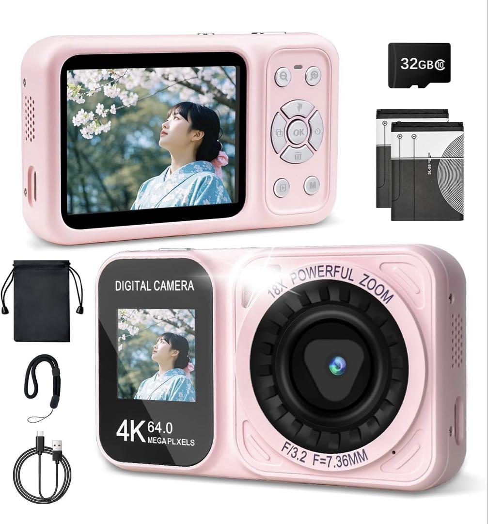 4Kコンパクトデジタルカメラ 18倍ズーム 新品 ピンク バッテリー2個 自撮り 4Kコンパクトデジタルカメラ 18倍ズーム 新品 ピンク バッテリー