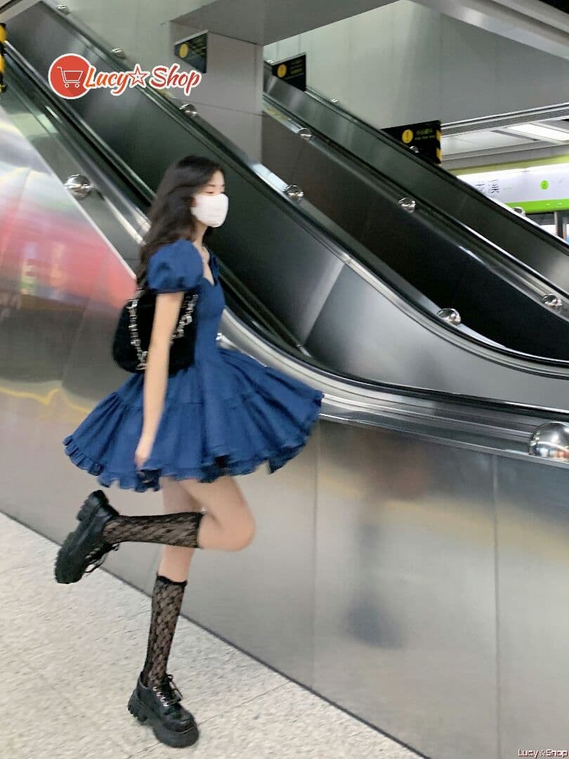 新品 スクエアネック デニムワンピース ハイウエスト パフスリーブ ミニ 着痩せ お気に入り デニムワンピース