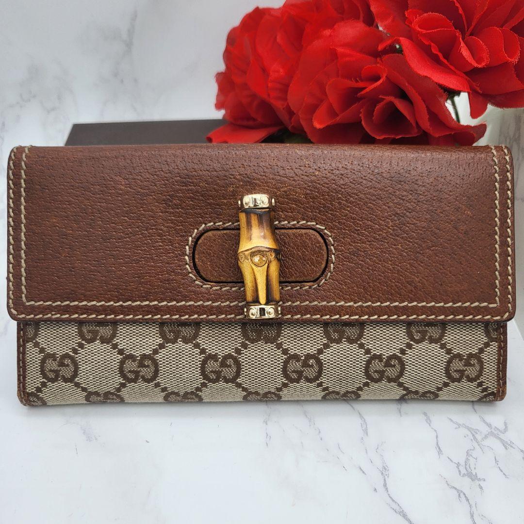 【極美品】 GUCCI グッチ バンブー 長財布 財布 キャンバス レザー