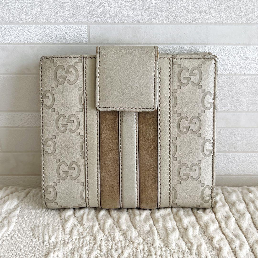 GUCCI 二つ折り財布 シマ GG柄 ホワイト系 ピンクベロア