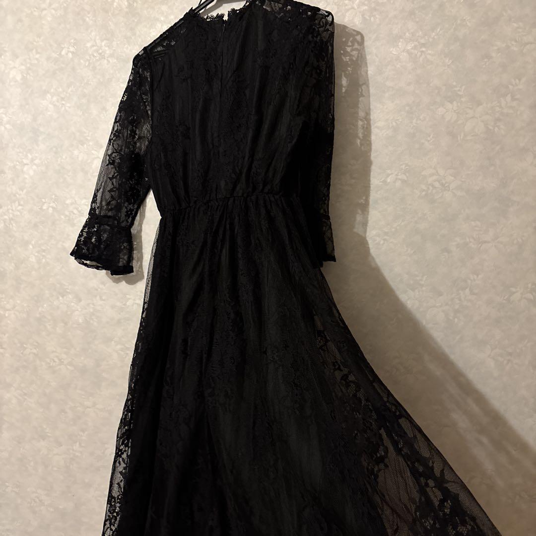 Lace Ladies7分袖ワンピース パーティードレス 結婚　黒