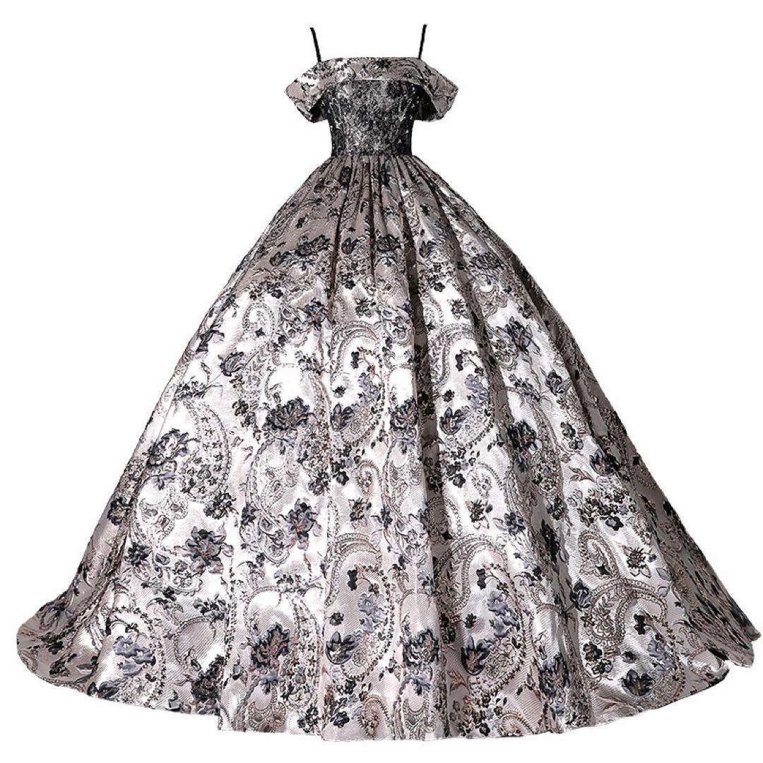 ウェディングドレス 演奏会 刺繍 クラシカル シルバー オフショル パニエ付