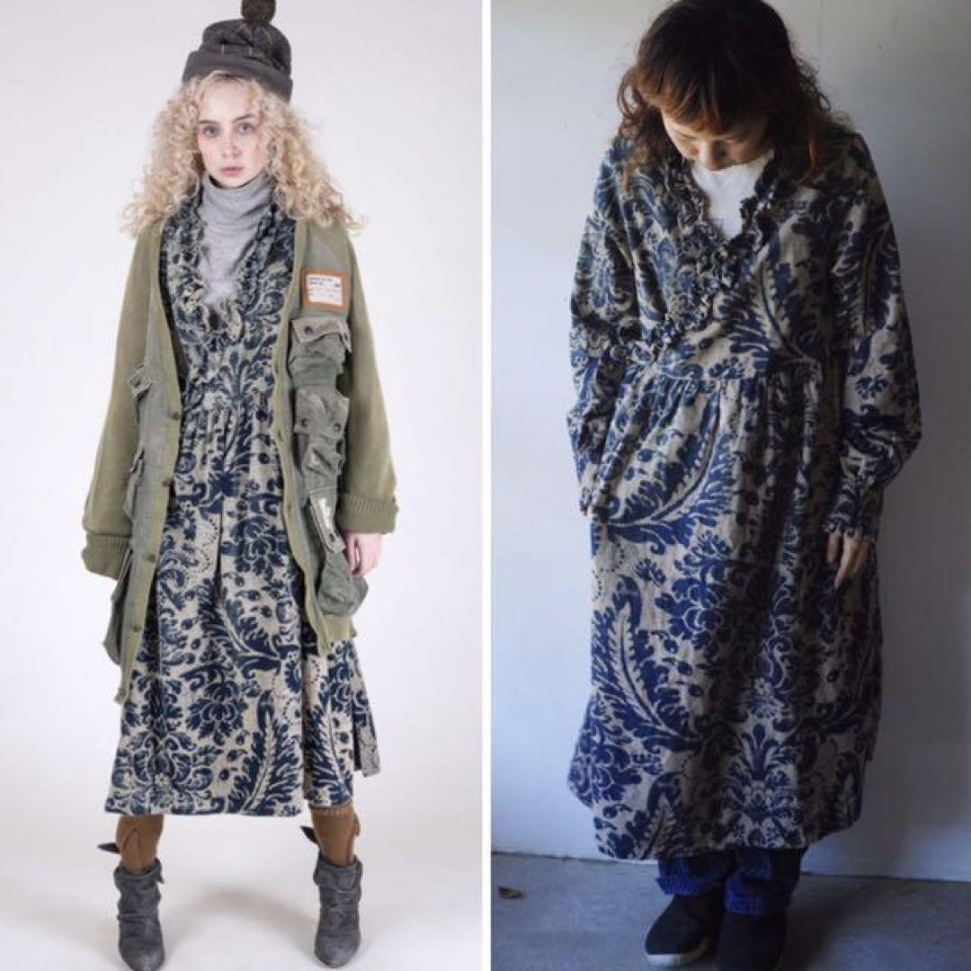 KAPITAL インディゴ ダマスク柄抜染 カシュクールワンピース KAPITAL インディゴ ダマスク柄抜染 カシュクールワンピース