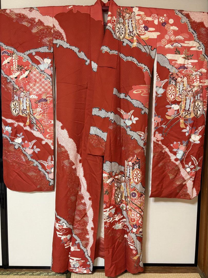 D363 振袖　御所車　波　金彩　正絹　着物　袷　極美品 振袖 身丈170.5cm 裄丈65cm M 袷 御所車 波 金銀彩 絞り 黒 正絹