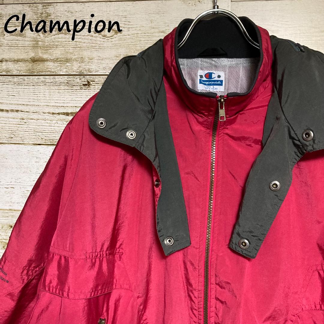 Champion ナイロンジャケット 赤系ピンク 90S ドルマン袖 フード収納