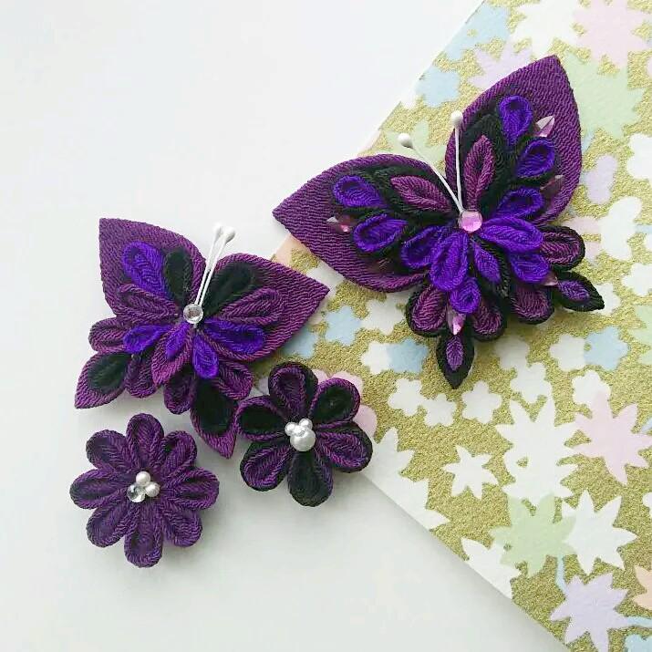 つまみ細工髪飾り 藤紫 黒蝶 成人式 卒業式 七五三 ハンドメイド つまみ細工髪飾り 藤紫 黒蝶 成人式 卒業式 七五三 ハンドメイド
