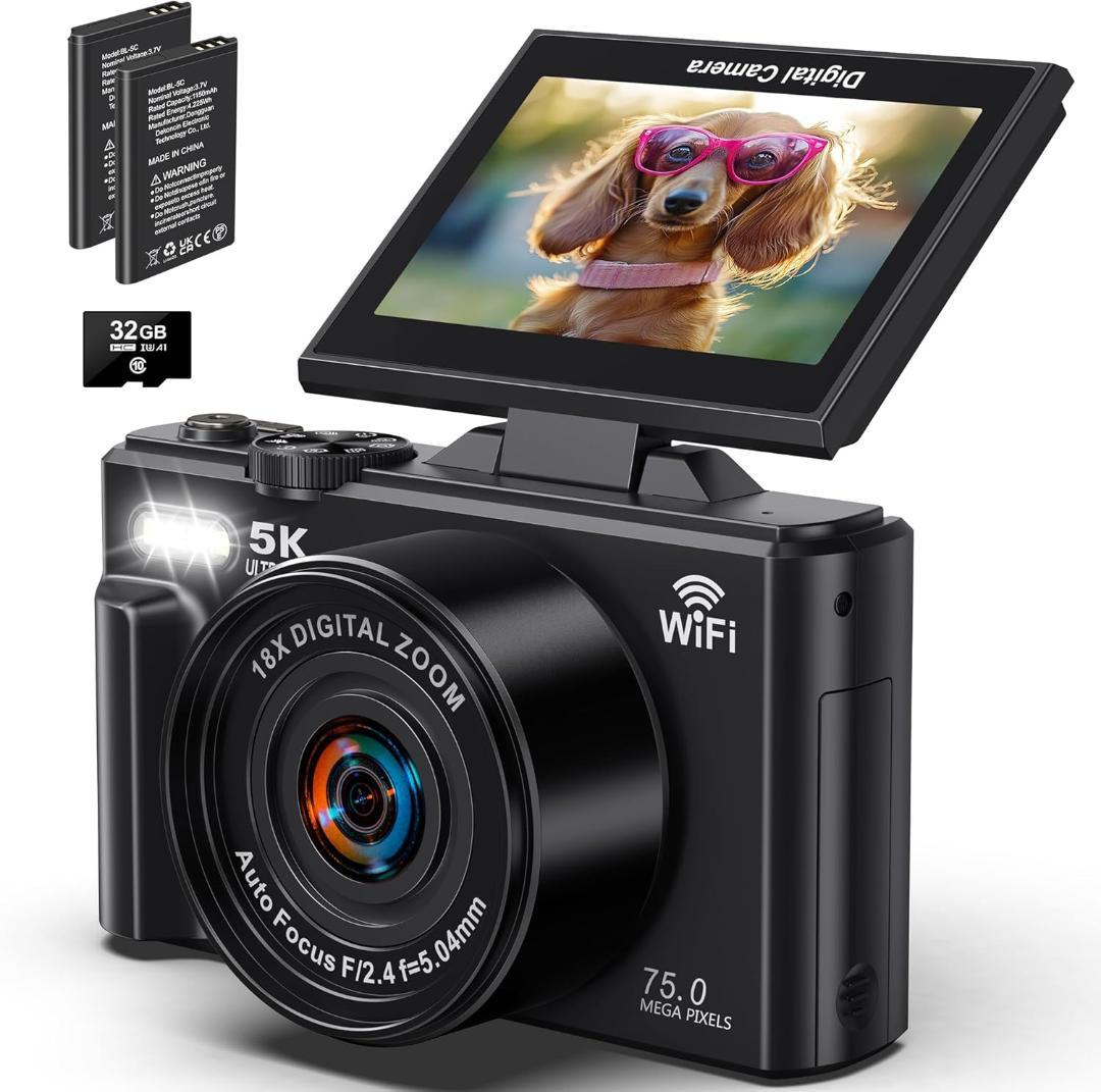 デジカメ 5K録画 7500万画素 Wi-Fi機能 180度回転可能ディスプレイ