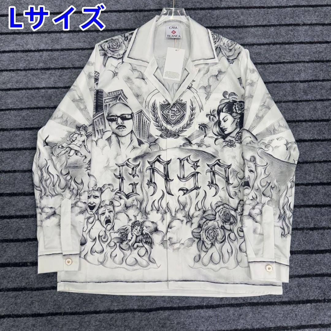 美品 CASABLANCA 白黒ポートレート 長袖アロハシャツ Lサイズ