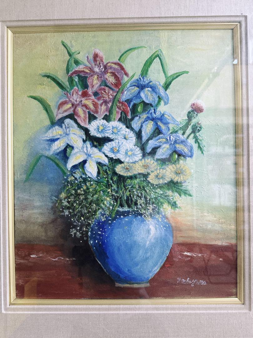 油彩 額装 花 絵画 油絵　花瓶　あやめ　1987年　F8号 油彩 額装 花 絵画 油絵 花瓶 あやめ 1987年 F8号 - メルカリ