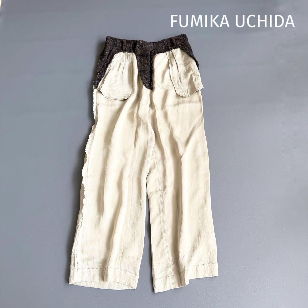 【フミカウチダ】異素材 ワイドパンツ カットオフ 切替デザイン 38 春秋