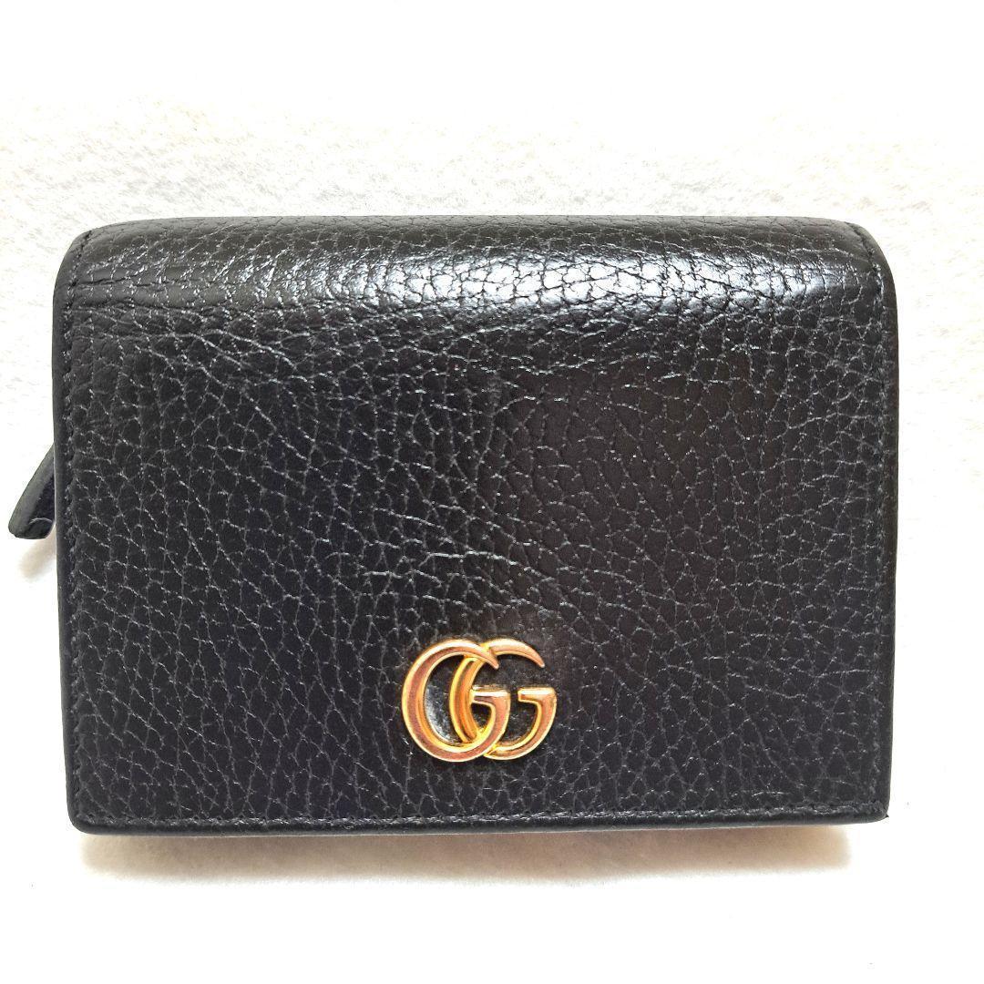 【美品】グッチマーモントコンパクトウォレット　ミニウォレット　折り財布　黒レザー