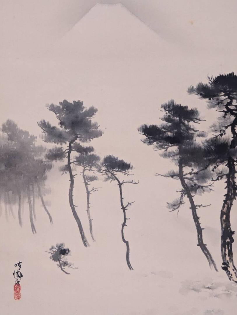 【真作】掛軸　福永晴帆　三保浦　風情ある筆致　幽玄な風景画　二重箱入　R35