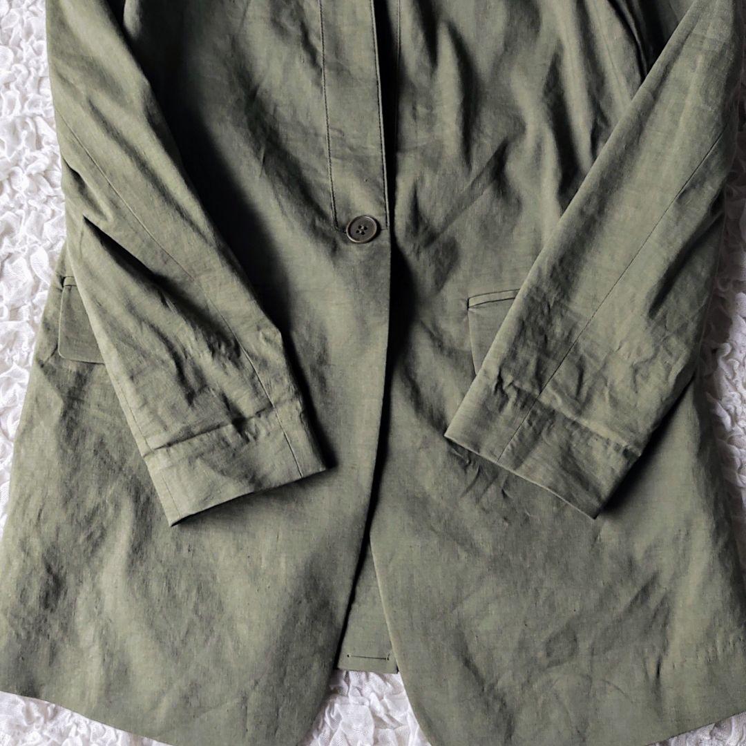 Theory セオリー リネン混 ノーカラー ロングジャケット カーキ XS