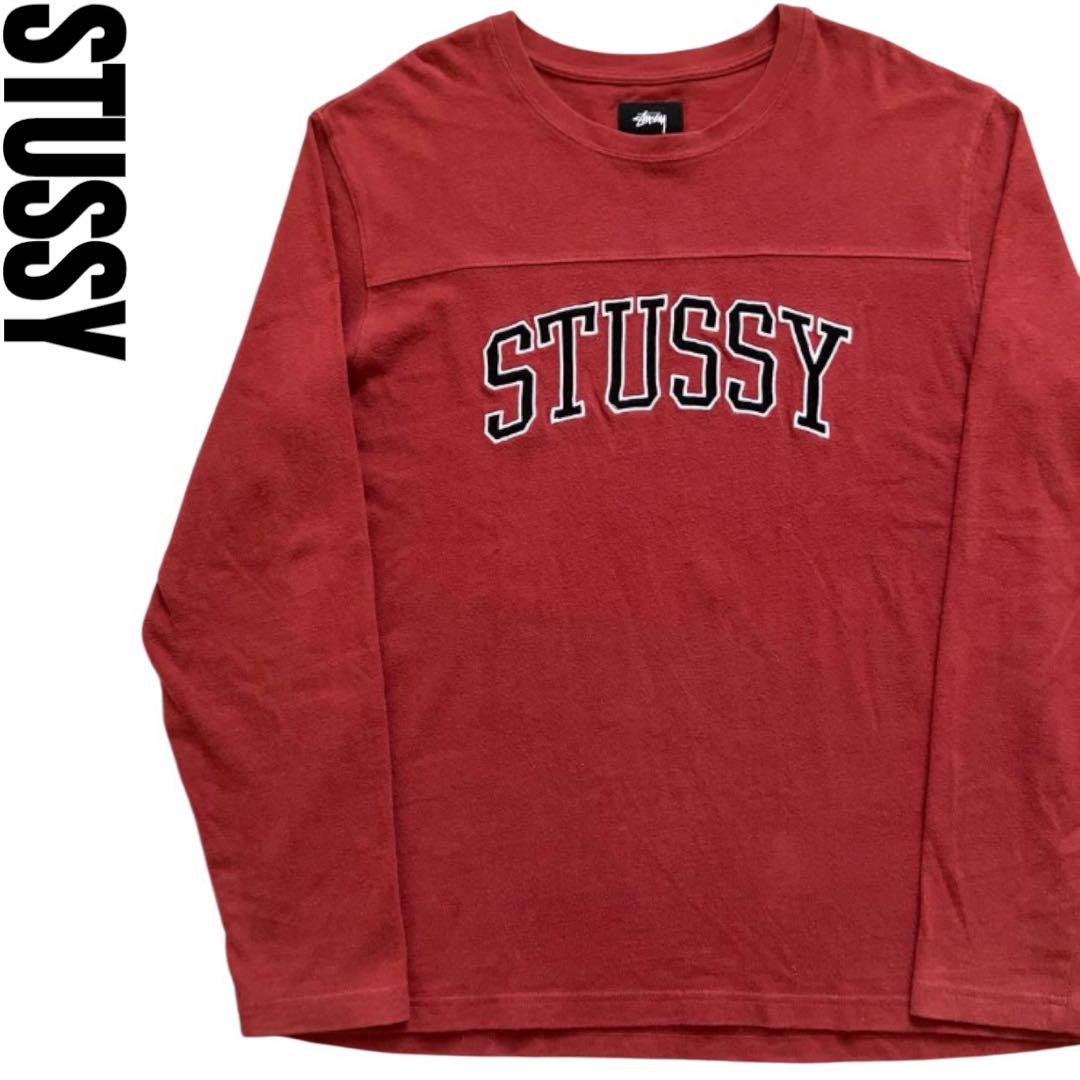 STUSSY Mサイズ 刺繍アーチロゴデザイン 長袖フットボールTシャツ