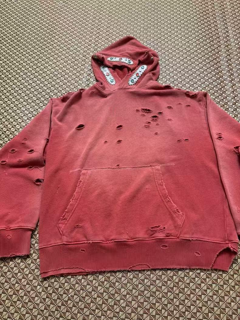 KAPITAL 赤いダメージ加工フード付きパーカー 3