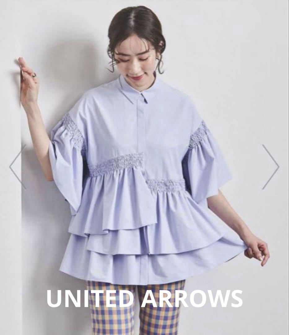 UNITED ARROWSイレギュラー シャーリング 六分袖 ブラウス ソリッド