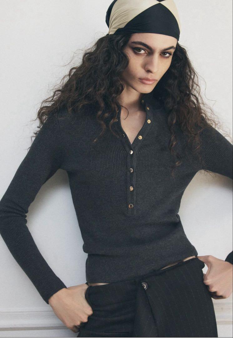 新品 ZARA ニット ポロトップス L ミディアムグレー 今期 新作 完売品