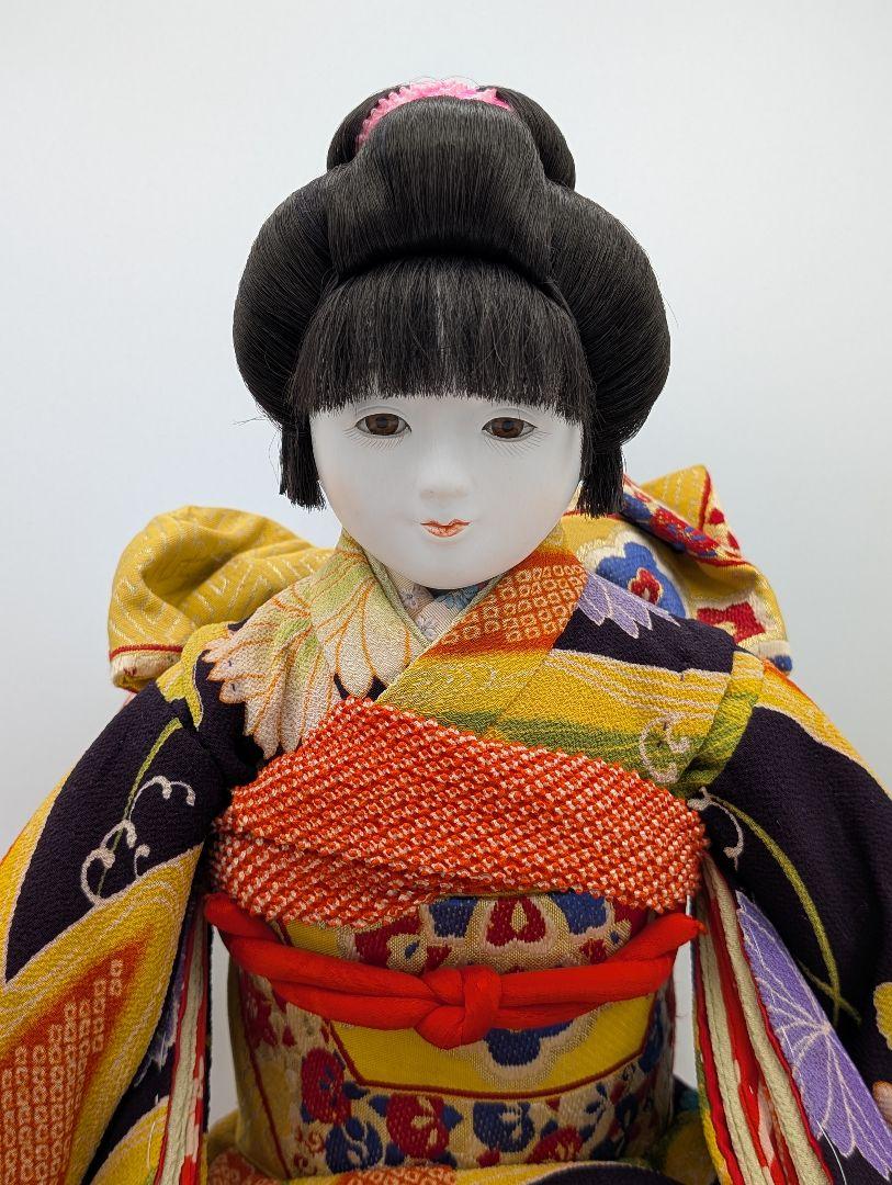 市松人形 日本人形 結髪 黄色着物 ピンク髪飾り 約58cm 伝統工芸品